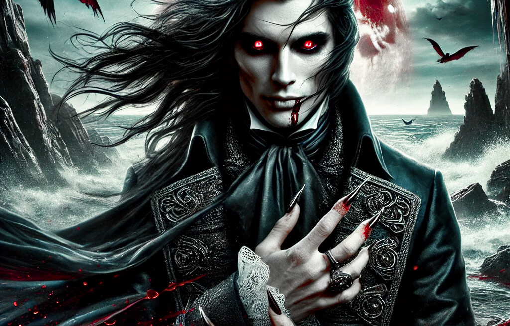 A gothic figure with long hair and red eyes stands against a dark, eerie landscape.