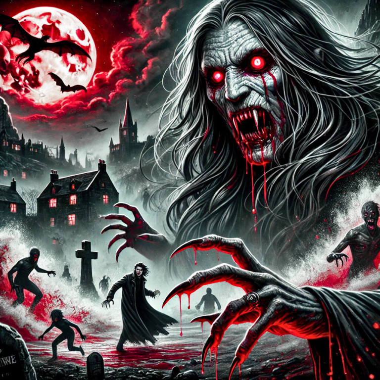 A dark, eerie landscape featuring a vampire with glowing eyes and silhouetted figures.