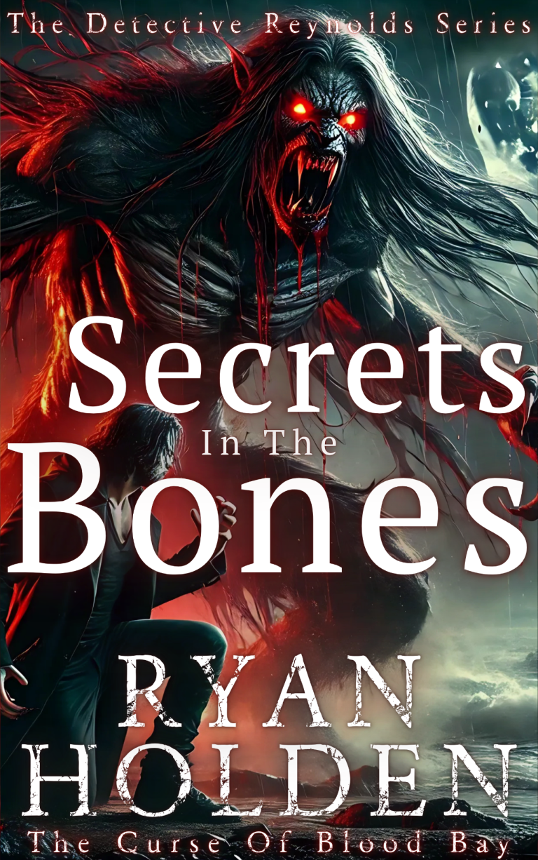 A dark fantasy book cover featuring a monstrous figure and the title "Secrets in the Bones."