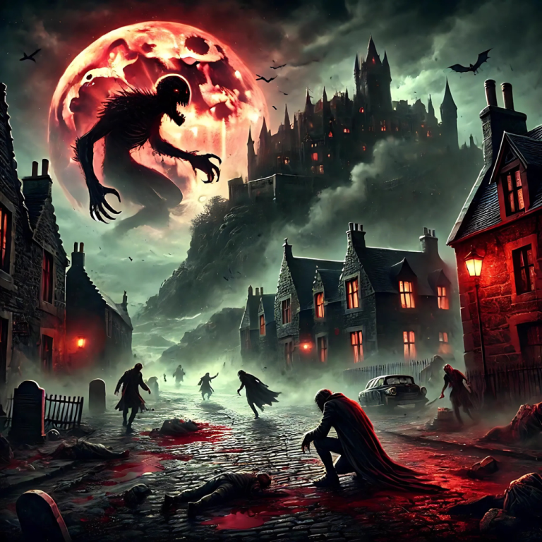 Gothic scene with a blood moon, shadowy figures, and a haunted castle.