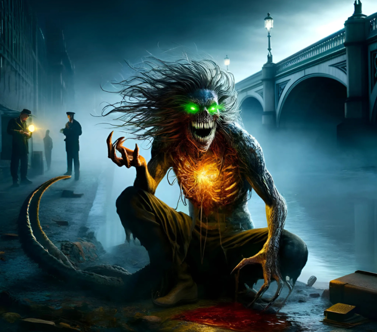 A monstrous figure with glowing eyes and a visible heart crouched by a dark riverbank.