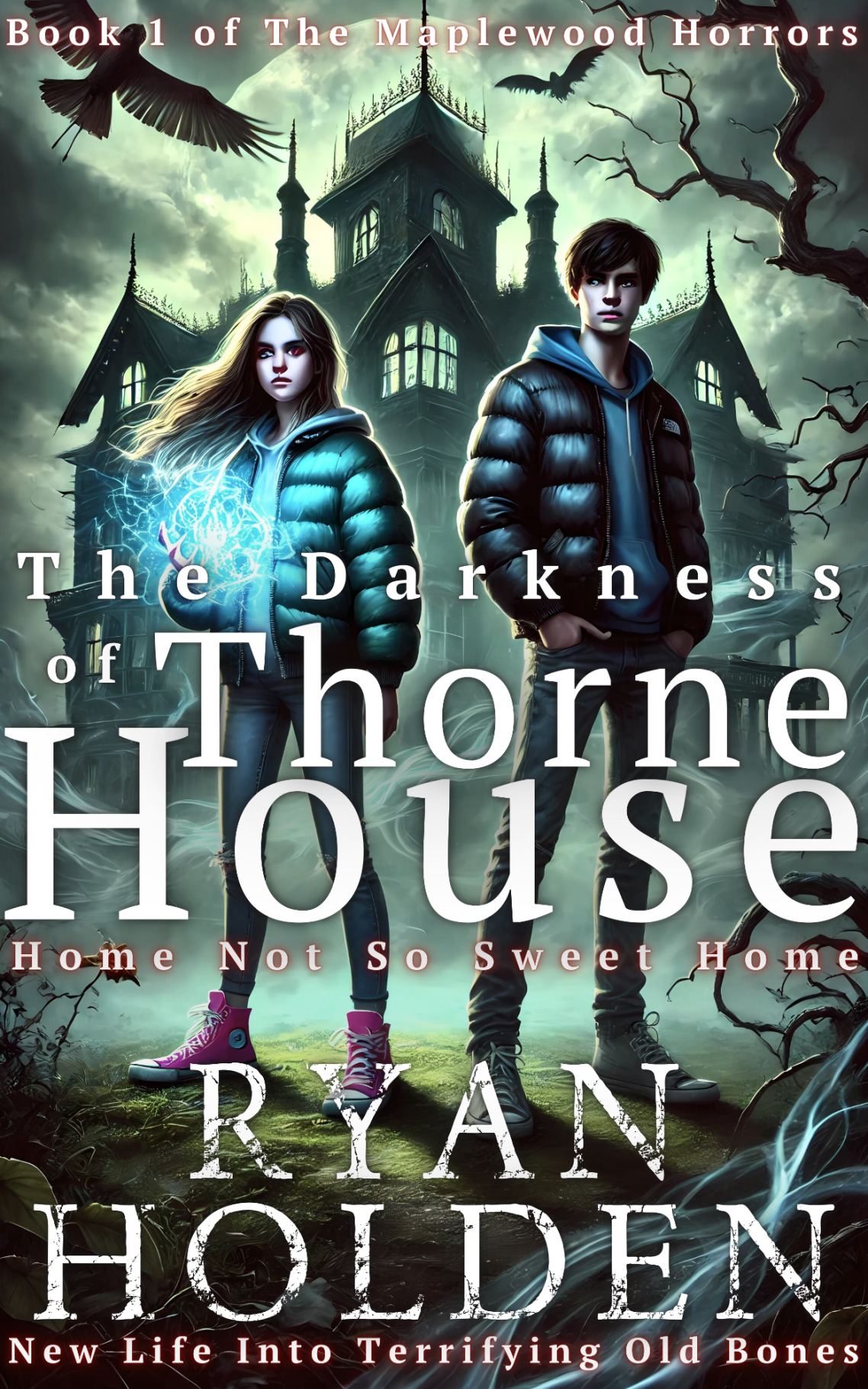 Cover of Supernatural Gothic Horror novel "The Darkness of Thorne House" featuring Jenny and Nicholas Ashbourne near haunted Thorne House.