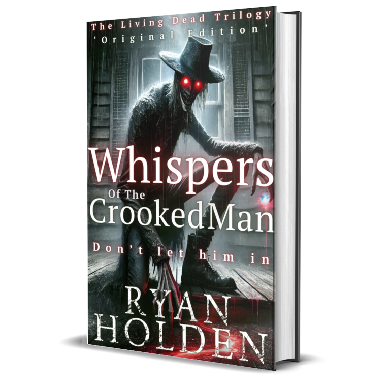 Book cover for "Whispers of the Crooked Man" by Ryan Holden featuring a sinister figure with glowing red eyes.