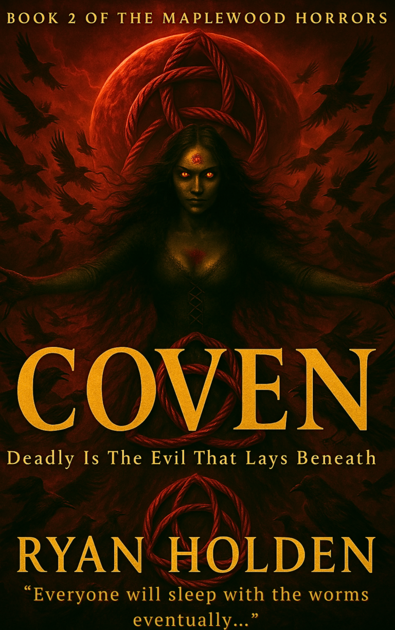 'Coven' Pre-Order on Apple A dark fantasy book cover featuring a woman with a crimson moon in the background.