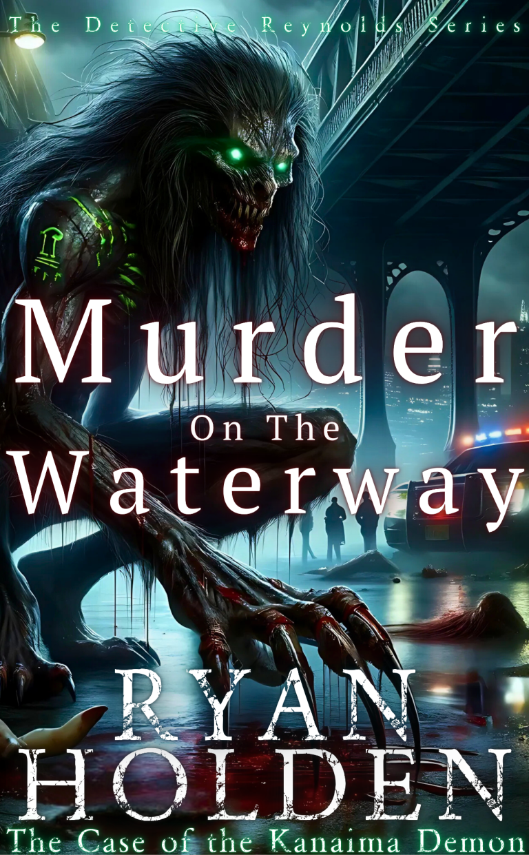 Cover of "Murder on the Waterway" featuring a monstrous creature by a canal at night.