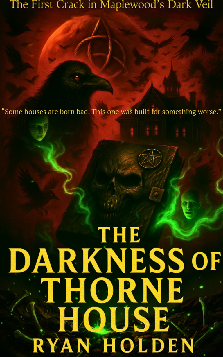 The Darkness of Thorne House Cover of Supernatural Gothic Horror novel "The Darkness of Thorne House" featuring Jenny and Nicholas Ashbourne near haunted Thorne House.